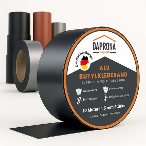 DAPRONA Butylband, Panzertape, Dichtungsband Alu, Reparaturband, Dichtband Fenster Dachrinne, wasserfest, hitzebeständig - 10m x 75mm 4 Stück Schwarz