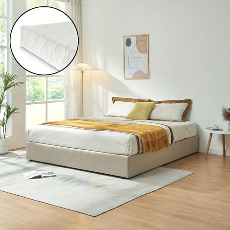 Cama matrimonio Nola somier abatible lino + colchón 160x200cm Beige [en.casa]