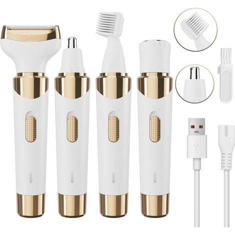 Rasoir électrique rechargeable 4 en 1 et tondeuse à poils pour le corps des femmes : jambes, visage et aisselles (Or/Blanc) (1/5)