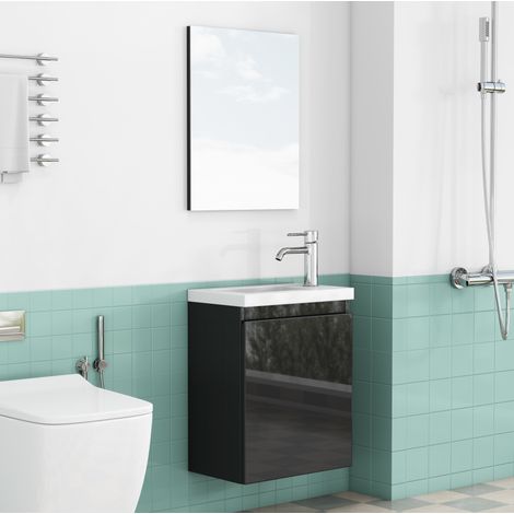 Mobile bagno con lavabo e specchio, 40 cm, nero lucido, MDF, a parete DESVIAE (1/5)