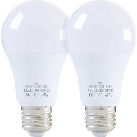 Juego de 2 bombillas LED E27 de 7W con sensor de radar, 6000K, para escaleras, garaje, sótano, clase A+.
