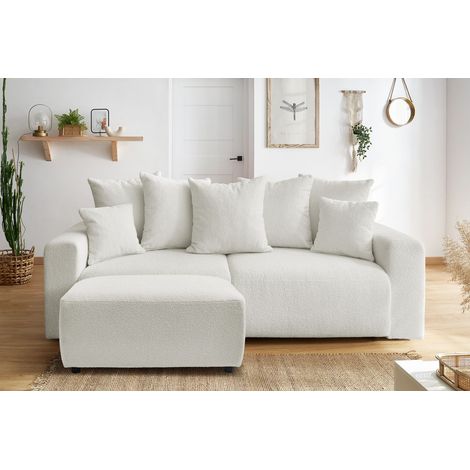 BOBOCHIC - Canapé droit convertible coffre ENVY tissu bouclette doux avec pouf rectangulaire   Blanc (1/5)