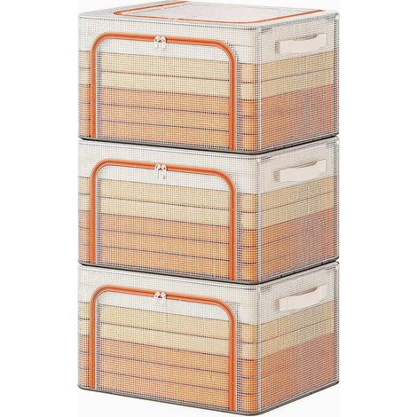 Coffre de rangement étanche extra large 110L avec 4 cadres en acier, bac organiseur PVC pliable avec fermeture éclair, conteneur robuste pour garage, vêtements, camping, orange (3 pièces-orange) (1/5)