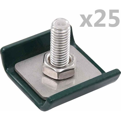 Connecteur de tapis de grille pour clôture rigide – Acier galvanisé à chaud, vert, 40 x 35 mm – Compatible lattes 6/5/6 et 8/6/8 – Lot de 25 ensembles avec vis et écrou (1/3)