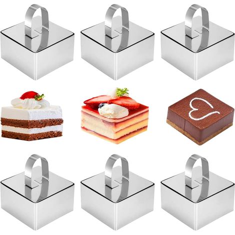 6 x Square Dessert Rings, 8 cm Pastry Circle, Stainless Steel Pastry Circle, Square Baking Moulds, for Cake Mousse Dessert Biscuits (Square) (1/5)