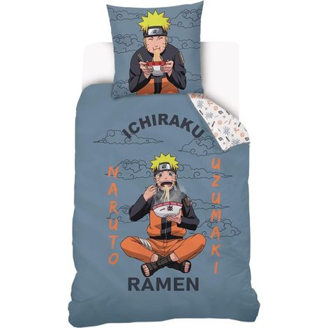 Naruto Shippuden - Housse de Couette Naruto Ramen 140x200 cm & Taie d'oreiller 63x63 cm - 100% Coton - Bleu