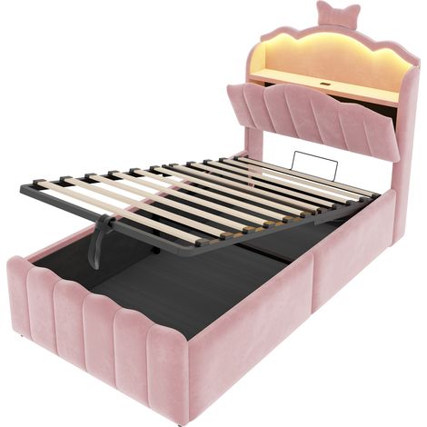 Cama infantil capitoné 90 x 200 cm con almacenaje hidráulico, terciopelo, LED y USB, rosa (1/5)