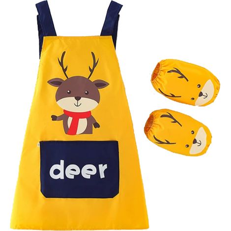 Tablier de cuisine pour enfant avec protège-manches, motif de cerf, polyester + TPU imperméable, grande poche, reliure arrière, pour cuisine, pâtisserie, peinture, crèche, cadeau (1/5)