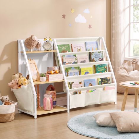 Bibliothèque Enfant et Meuble à Jouets avec Poches en Tissu, 108,5 x 30 x 75 cm, Jaune (1/5)