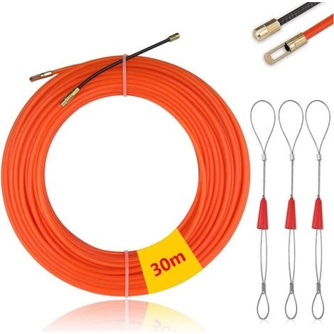 Tire-câble électrique de 30 m avec aiguille en nylon, Φ4 mm, avec 3 têtes de guidage flexibles, aiguille d'enfilage de câble, pour électriciens, pour tirer les câbles électriques (Orange) (1/4)