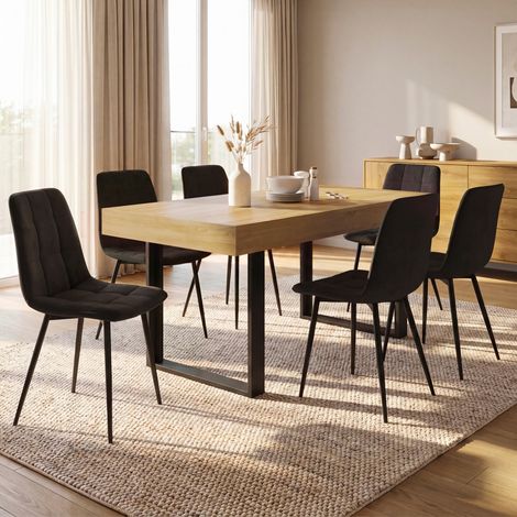 Conjunto PHOENIX Mesa de comedor rectangular extensible para 4-8 personas de madera y negro 160 - 200 cm y 6 sillas MILA de terc (1/5)