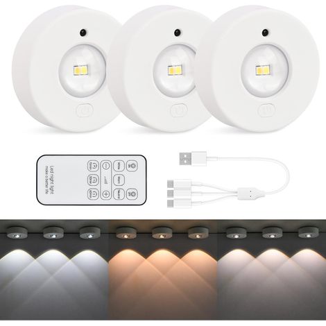 3PCS Lampe de Placard avec Telecommande, Rechargeable Spot Led Sans Fil, Éclairage de vitrine, RGB Dimmable Lampes Armoire Veilleuse pour Escalier Miroir Cuisine Vitrines Cabinet (1/5)