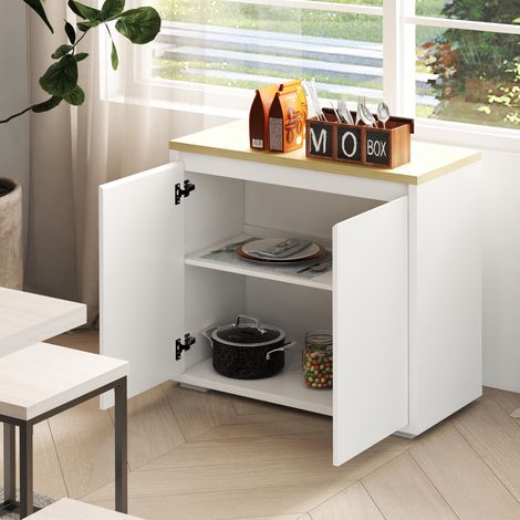 Credenza da soggiorno/cucina con 2 ante e ripiano regolabile, ideale anche come mobile ausiliario per sala da pranzo o ingresso. Dimensioni: 80x37x75 cm, colore bianco.