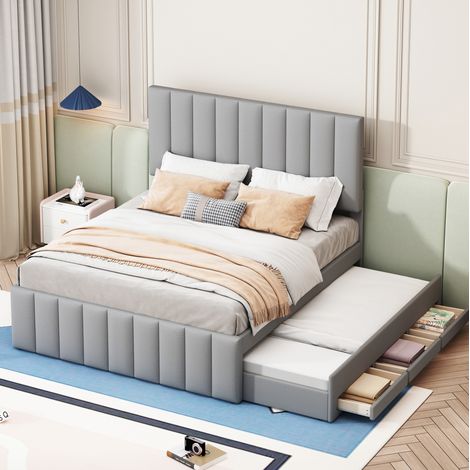 Cama tapizada clásica 140x200 cm gris con cama extraíble y 3 cajones, somier de láminas (1/5)