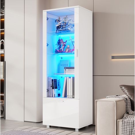 Vitrine 50/40/160 cm in Weiß Hochglanz mit LED, Acryltüren und 3 Glasböden (1/5)