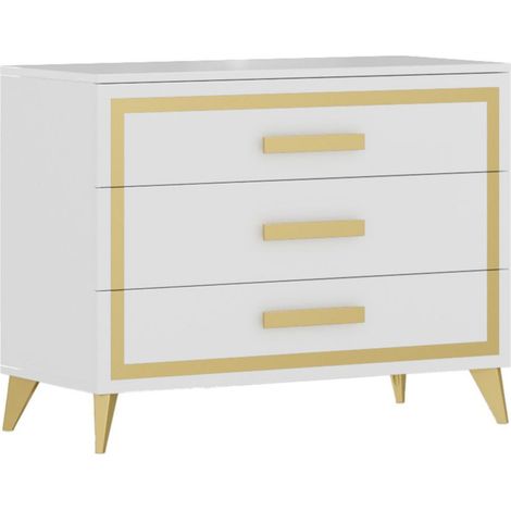 JEMMA - Commode 3 Tiroirs Laqué Blanc et Décor Doré (1/3)