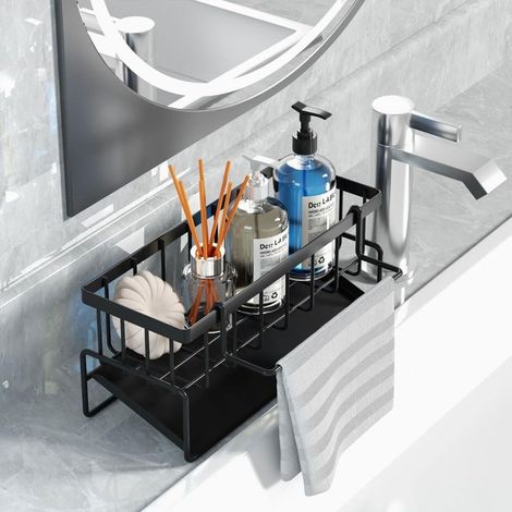 SHINING HOUSE Organiseur d'évier de Cuisine Porte-éponge en Acier Inoxydable Rangement Eponge Cuisine Accessoires de Cuisine avec Plateau de Vidange et Porte-Serviettes