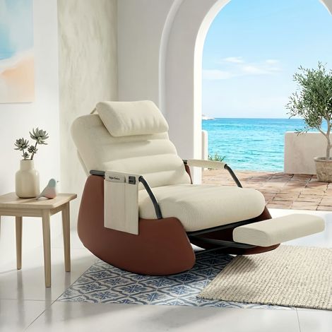 Fauteuil à Bascule Scandinave Velours Côtelé avec Repose-Pieds, Rocking Chair d'Allaitement avec Appui-Tête et Dossier Inclinable (91.5x67x92cm) - Beige
