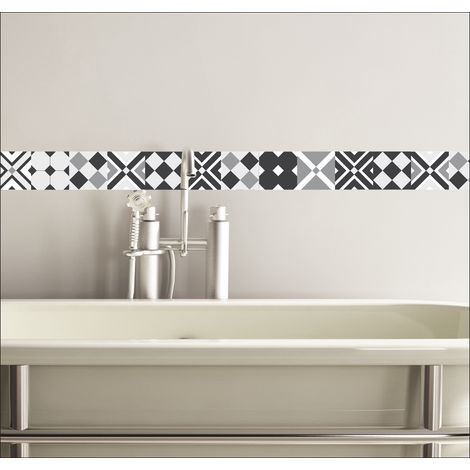 Listel adhésif décoratif 5 cm X 180 cm, carreau de ciment graphique noir gris blanc, losange, carré, croix, géométrique autocollant. (1/2)