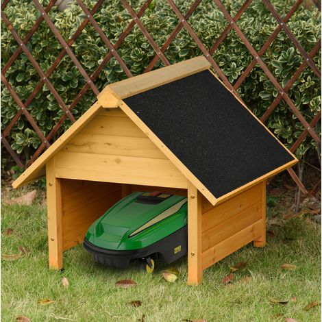 Garage pour robot tondeuse en bois 75 x 76 x 70 cm, toit bitumé, jaune, REDOM (1/5)