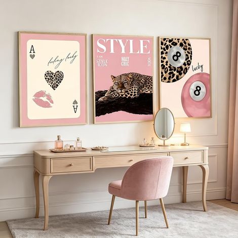 3 Tableau Decoration Murale Léopard Affiche Rose Moderne Boule de Billard 8 Leopard Poster Mural Pop Art Impression sur Toile Deco Chambre Ado Adulte Cadeau 30x40cm sans Cadre