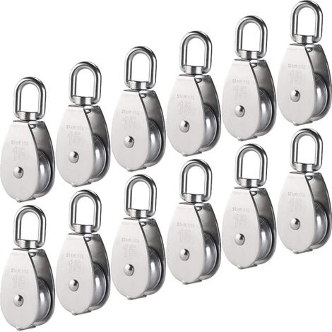 12 pezzi M15 Puleggia singola in acciaio inossidabile 304, rullo di blocco puleggia singola da 15 mm, gancio girevole per gru, cavo metallico liscio, carico 77 libbre/35 kg (1/4)