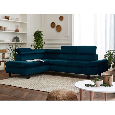Nairobi – ecksofa mit schlaffunktion – aus samt – 5-sitzer – mit kopfstützen – links - entenblau