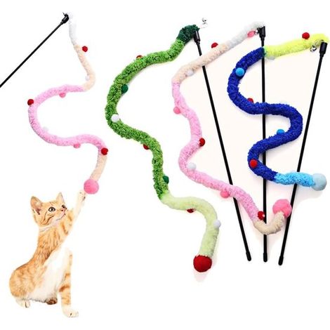 Lot de 3 cannes à pêche pour chat - Serpent en peluche avec clochette - 40 cm - Jouet interactif pour chat - Canne à pêche pour chaton - Peluche douce - Chats d'intérieur - Coloré (1/5)