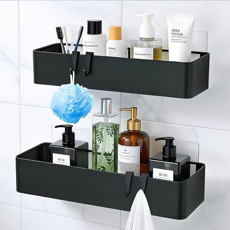 Selbstklebendes Duschregal zum Aufstecken (ohne Bohren), Schwarz, 2-teiliges Metall-Badezimmerregal mit 4 Haken, große, wasserdichte Duschablage (1/5)