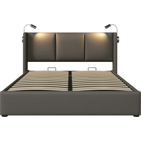 Lit rembourré 160x200 cm en PU, 2 places - sommier à lattes, tête de lit, lampe de lecture et rangement (sans matelas)