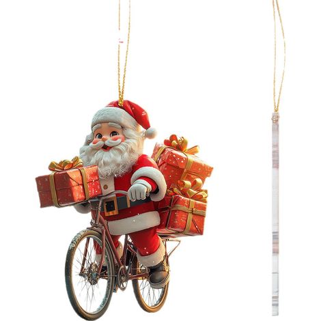 Père Noël à vélo, décoration de Noël à suspendre, petit pendentif festif et porte-clés, ornement pour sapin de Noël, cadeau original et décoration hivernale (1/5)