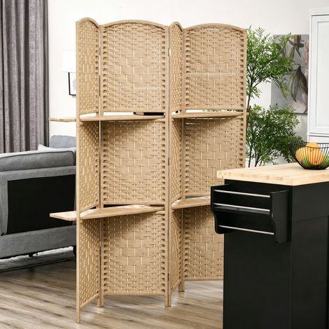 Paravent séparateur de pièce 4 panneaux 160 x170 cm avec 2 étagères, pliable, en bois (1/5)