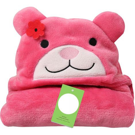Weiche Kapuzendecke für Kinder – Korallensamt-Tiercape mit rosa Bär für Babys (1/5)