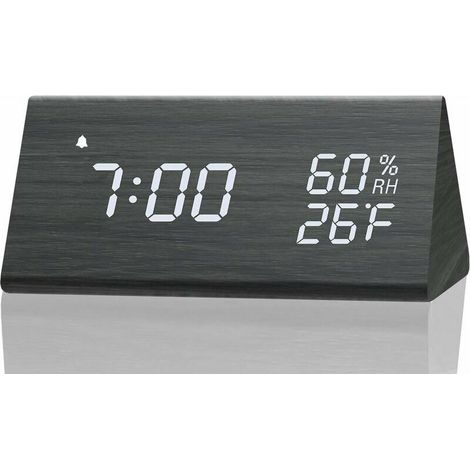 royaluxe - Réveil numérique, avec affichage de l'heure électronique à LED en bois, 3 réglages d'alarme, détection d'humidité et de température, horloges électriques en bois pour chambre, chevet, noir (1/5)