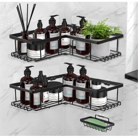 Bardusch - Étagère de douche - MARQUE - Lot de 3 - Acier inoxydable - Sans perçage - 12 crochets et porte savon (1/4)