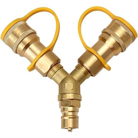 Répartiteur en Y de gaz naturel pour tuyau de propane 2 voies en T à connexion rapide avec couvercle de valve d'arrêt, kit de conversion en laiton pour tuyau de réservoir, four à pizza, grilles (1/5)