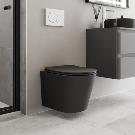 Modern Bathroom Wall Hung Rimless Toilet Pan Soft Close Seat Matt Black (1/4)