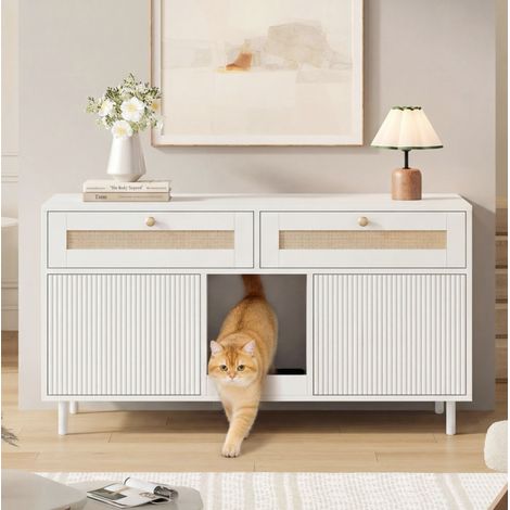 Meuble pour litière chat avec tapis récupérateur de litière blanc 120 x 50 x 65 cm HAVRYA (1/5)