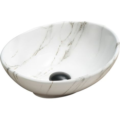 Vasque à poser ovale Silla, lavabo salle de bain en céramique 40,5x33x14 cm, design moderne, installation facile, Blanc/Gris