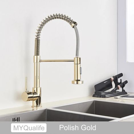 Robinet d'évier de cuisine (doré) à poignée unique et mécanisme à ressort, support de suspension pour salle de bain et cuisine (1/2)