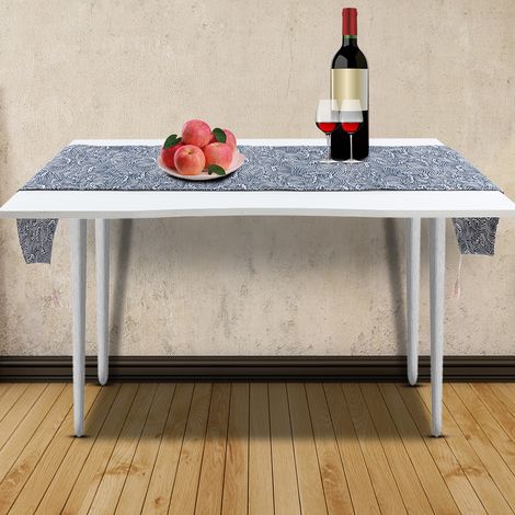 Nappe en coton et lin à vagues bleues, sous-tapis de table avec pompon (12 x 70 pouces) (1/5)