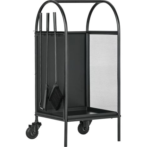 Range-bûches sur roulettes avec accessoires - 37,5 x 37,5 x 80 cm, noir - Pelle, balai et tisonnier inclus - Pour cheminée, intérieur - Design pratique et mobile - Gain de place (1/5)
