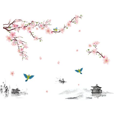 BRAVIX Un lot de Stickers Muraux fleurs oiseaux paysage Autocollant Décoratif, Décoration murale pour Chambre Salle de Bain salon bureau