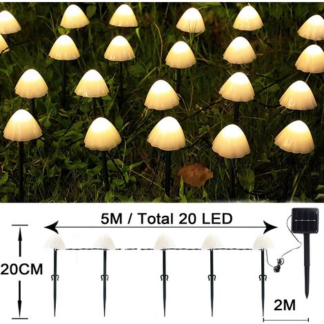 Lampe solaire champignon 5 m, 20 LED, étanche, décorative pour jardin (blanc chaud)