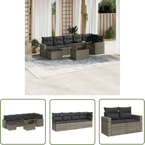 The Living Store Salon de jardin 8 pcs avec coussins gris résine tressée - Salon De Jardin - Meuble Extérieur - Set Salon - Résine Tressée - Rotin Synthétique (1/5)