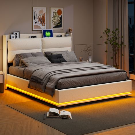 Lit coffre 140x200 cm avec éclairage LED – Tête de lit de rangement – Étagères intégrées – Sommier à lattes en bois – Velours Blanc cassé (1/5)
