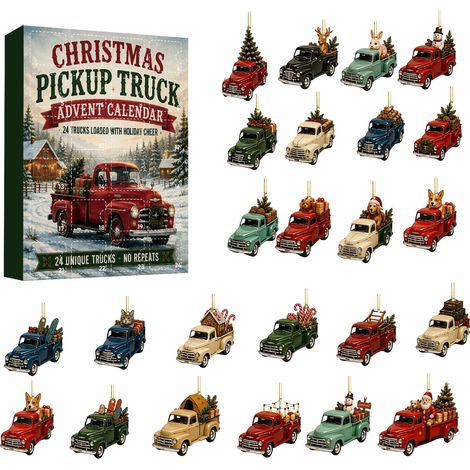 Adventskalender Weihnachten 2026 – 24-teiliges Set aus Vintage-Pickup-Truck-Ornamenten (2D, Acryl) – Retro-Weihnachtsbaumschmuck im Landhausstil – Perfektes Geschenk für alle, die die Vorweihnachtszei (1/5)
