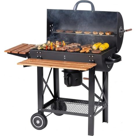 Barbecue au Charbon de Bois, Acier/Bois, 2 Tablettes Latérales Pliantes, 2 Roues, Couvercle, Étagère Inférieure, Noir (1/5)