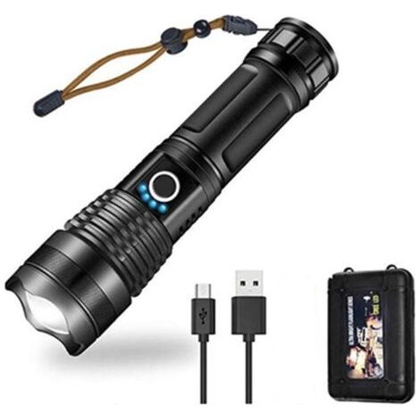 BUNTHAUS Lampe de poche LED 10000 lumens, 5000mAh USB rechargeable 26650 batterie incluse, 5 modes d'éclairage, zoomable, longue durée de travail torche tactique pour le camping, la randonnée, la chas (1/5)