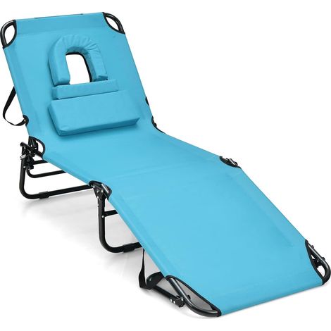GOPLUS Chaise Longue Pliante Réglable en 5 Positions-Transat Jardin avec Trou pour Visage&3 Coussins Amovibles-Charge 160KG Vert